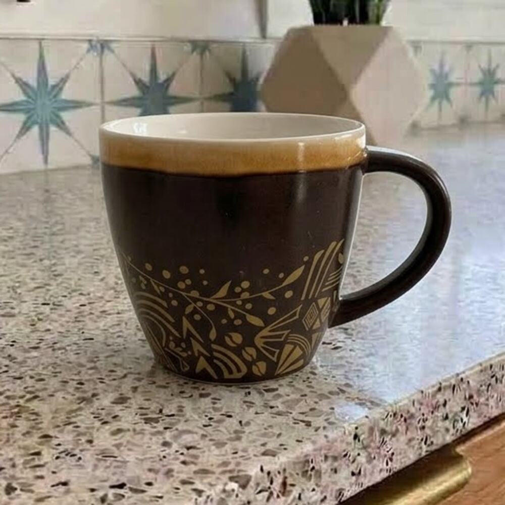 Starbucks 2011 Nouvelle New Bone China Brown Gold Floral Coffee Mug 14 oz